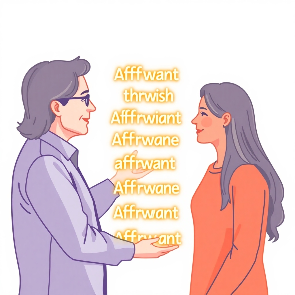 A stylized image depicting a coach guiding a person through a series of affirmations. The affirmations are visualized as glowing words floating in the air. The color palette is bright and optimistic, with yellows, oranges, and pinks. 4k resolution, high quality.