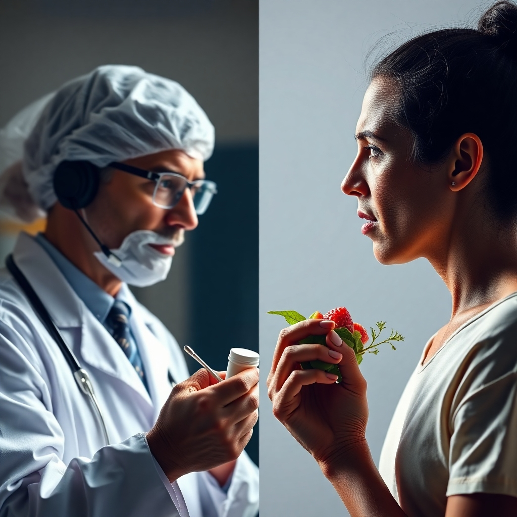 A stylized image depicting a conflict: one side shows a doctor prescribing medication, representing the pharmaceutical industry, while the other side shows a person thriving on a carnivore diet, symbolizing natural health and independence from medication.  Use contrasting colors and lighting to emphasize the conflict.