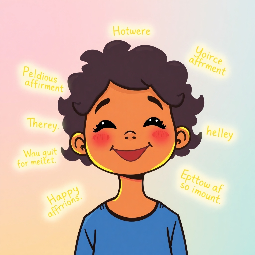 A stylized image depicting a child surrounded by glowing, positive affirmations floating in the air. The affirmations are written in a playful font and radiate with a soft, warm light. The child is smiling confidently. The background is a gradient of pastel colors. The overall style is whimsical and uplifting.