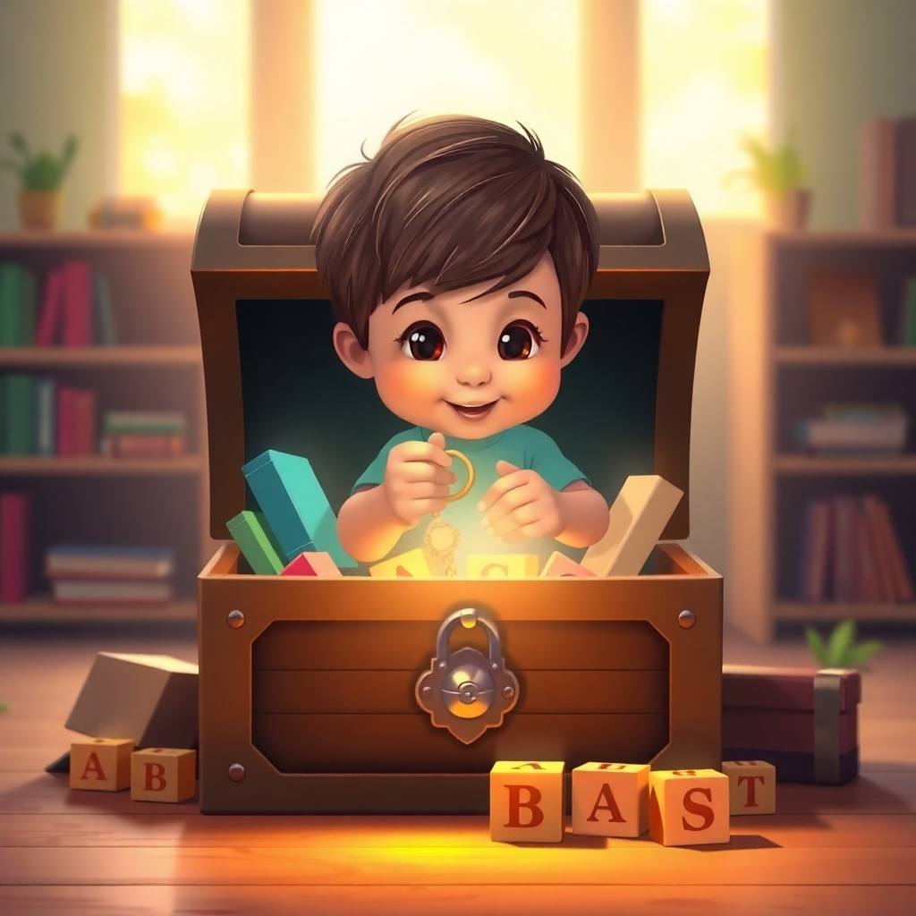 A stylized image depicting a child unlocking a treasure chest filled with books and alphabet blocks. The child is holding a key labeled 'Affirmations' . Soft, glowing light emanates from the treasure chest, creating a sense of wonder and excitement. The background is a stylized representation of a peaceful and supportive learning environment. The image should evoke a sense of discovery, empowerment, and potential. Style: blends a realistic representation with stylized elements to create a magical and inspiring scene. Technical specs: 4K resolution, high-quality rendering, vibrant and colorful palette.