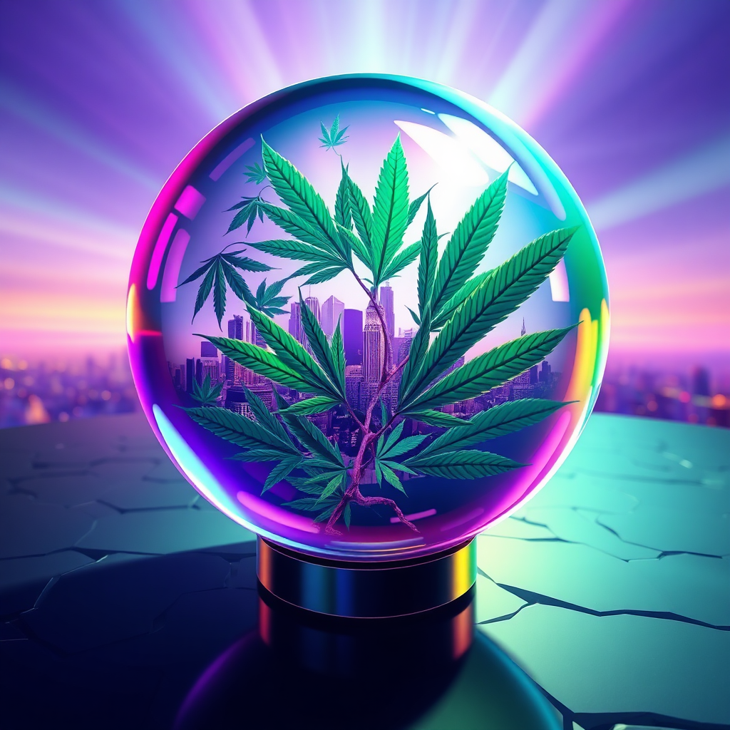 A stylized image depicting a crystal ball with a swirling vortex of cannabis leaves inside. Reflected in the surface of the ball is the cityscape of Norfolk. The color palette is vibrant and dynamic, with shades of green, blue, and purple dominating. The lighting is ethereal and mystical, creating a sense of wonder and intrigue. The camera angle is eye-level, fostering a sense of connection with the image. Textures are smooth and glossy, reflecting a futuristic aesthetic. Style is reminiscent of science fiction illustrations. The image should evoke a sense of uncertainty and possibility, highlighting the potential future outcomes of the cannabis industry in Norfolk.