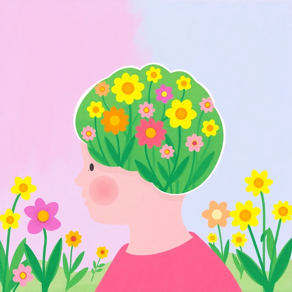 A stylized image depicting a child's mind as a garden filled with blossoming flowers, each flower representing a sight word. Use bright, cheerful colors. The overall style should be vibrant, positive, and represent growth. The texture should be soft and slightly painterly, creating a sense of wonder and learning. High resolution is required.