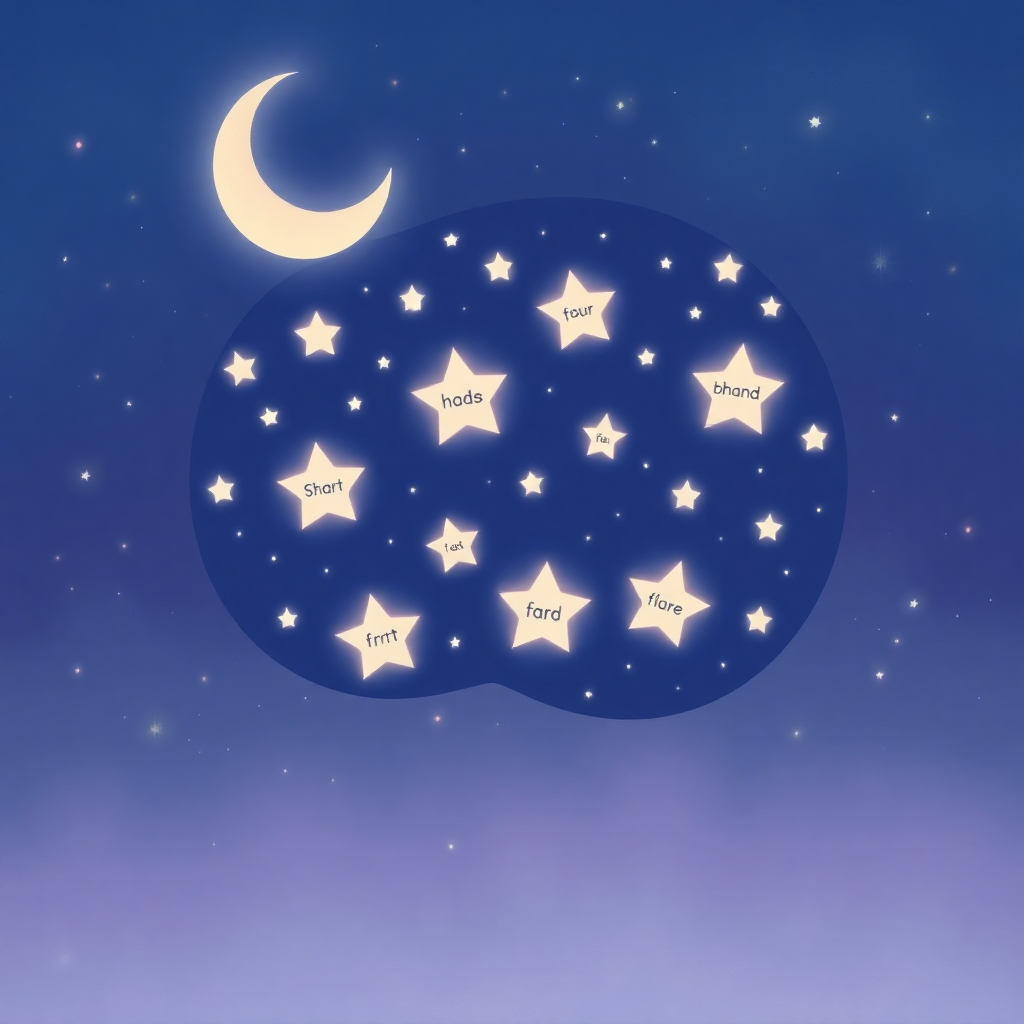 A stylized image depicting a child's mind as a night sky filled with stars. Each star represents a sight word, gently glowing with soft light.  A crescent moon represents the 777Hz sleep music, casting a soft glow on the words.  The image uses a calming blue, purple and pink color palette. A soft, slightly painterly texture is preferred, evoking a gentle dreamy feel.  The composition should be balanced with a clear focal point on the stars representing sight words.  The camera angle should be slightly tilted upward.  The overall style should feel magical and dreamlike, evoking a sense of calm and wonder. The image should be 4K resolution, highly detailed, and visually engaging. This image should reflect the soothing and educational aspects of the service.