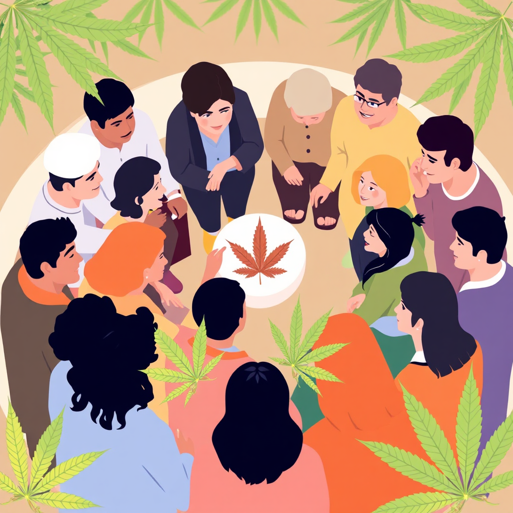 A stylized image depicting a diverse group of people gathered in a circle, sharing information and connecting. Cannabis leaves should be subtly incorporated into the design. Focus on warmth, inclusiveness, and community spirit. 4k resolution, bright colors.