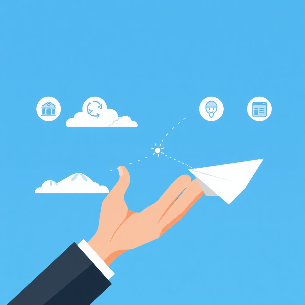 A stylized image depicting a hand guiding a paper airplane (representing the application) through a clear blue sky. The background includes subtle icons representing different stages of the application process. Use a bright and optimistic color palette. Style: Flat illustration with a modern, minimalist aesthetic.