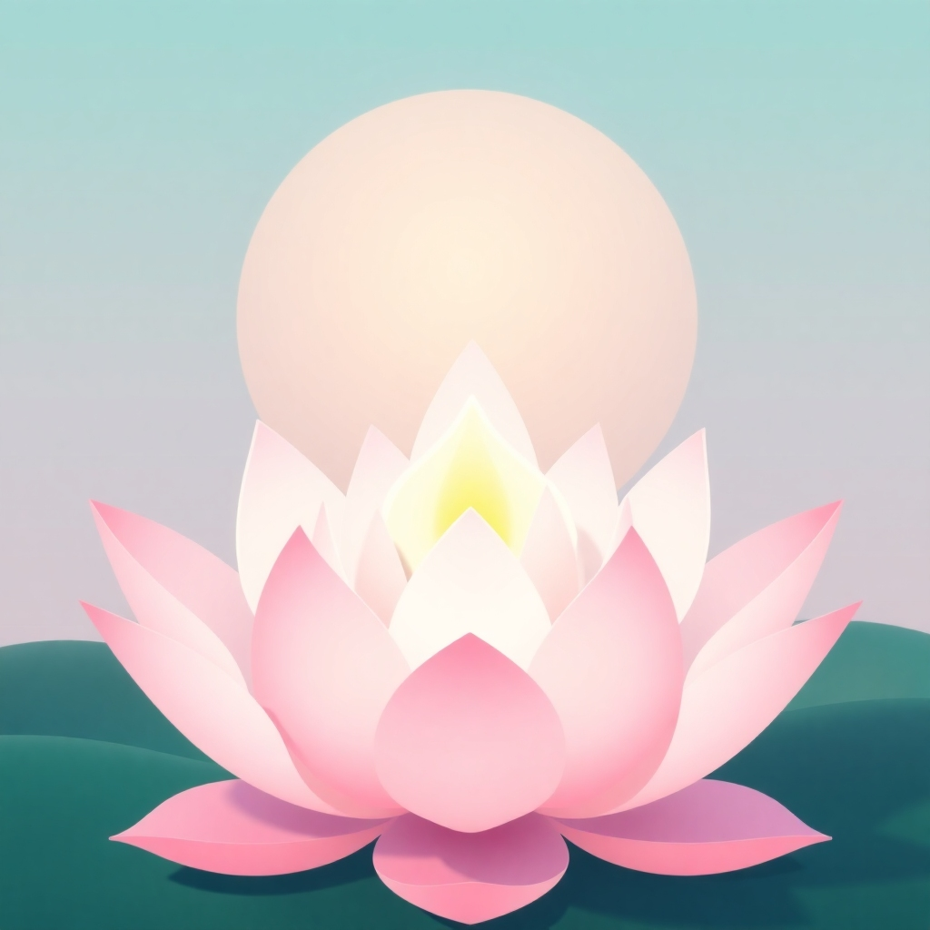 A stylized image depicting a lotus flower in full bloom, symbolizing peace and mindfulness.  The color palette should be soft and calming, with a focus on pastel colors. The style could be slightly surreal or dreamlike.