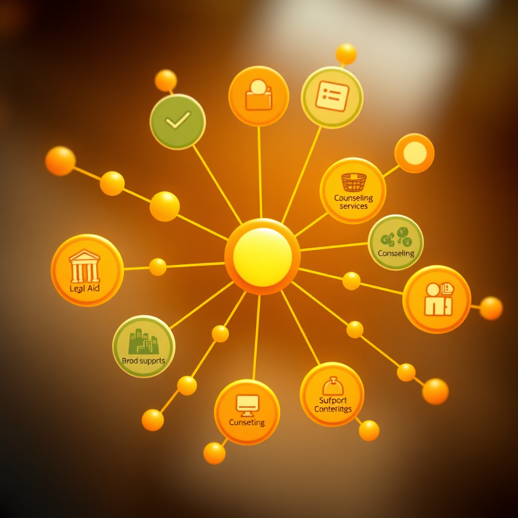 A stylized image depicting a network of interconnected nodes, each representing a different community resource, such as legal aid, counseling services, and support groups. The nodes are linked together by lines, creating a sense of connection and support. The color palette is warm and inviting, with shades of orange, yellow, and green dominating. The lighting is soft and diffused, creating a sense of comfort and security. The camera angle is overhead, emphasizing the interconnectedness of the network. Textures are smooth and rounded, reflecting a welcoming and inclusive aesthetic. Style is reminiscent of infographic design. The image should evoke a sense of community and support, highlighting the availability of resources for those in need.