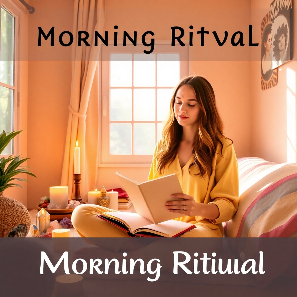 A stylized image depicting a person performing a morning ritual with affirmations. They are seated in a serene environment surrounded by crystals, candles, and a journal. Soft light streams in from a nearby window. The color palette is warm and inviting, with earth tones and pops of vibrant colors. The camera angle is a medium shot, capturing the person's focused expression and the elements of their ritual.