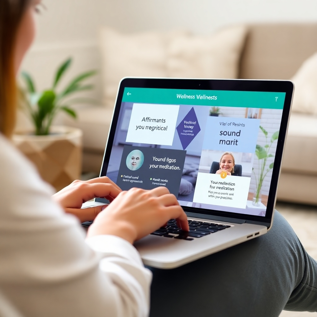 A stylized image depicting a person using a laptop to access online wellness programs. The screen displays various affirmations and sound meditation visuals. The background is a comfortable, inviting setting. Camera angle: Medium shot focusing on the user's interaction with the online platform.
