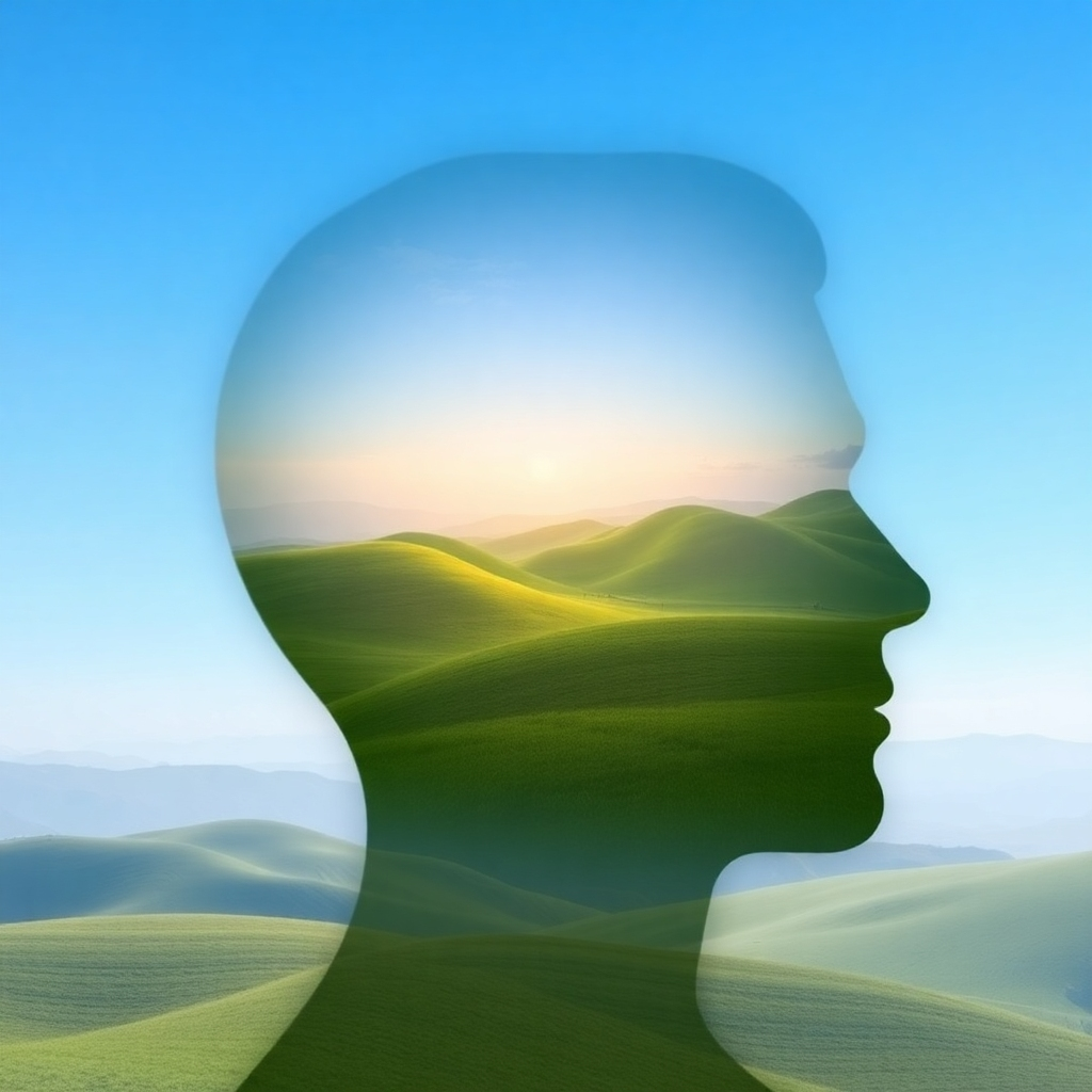 A stylized image depicting a person's mind as a peaceful landscape. The landscape features rolling hills, a clear blue sky, and calming colors. Subtle visual cues represent successful tic management. Style: Dreamlike and surreal. Camera angle: wide shot, capturing the expanse of the mental landscape. Lighting: Soft and ethereal.