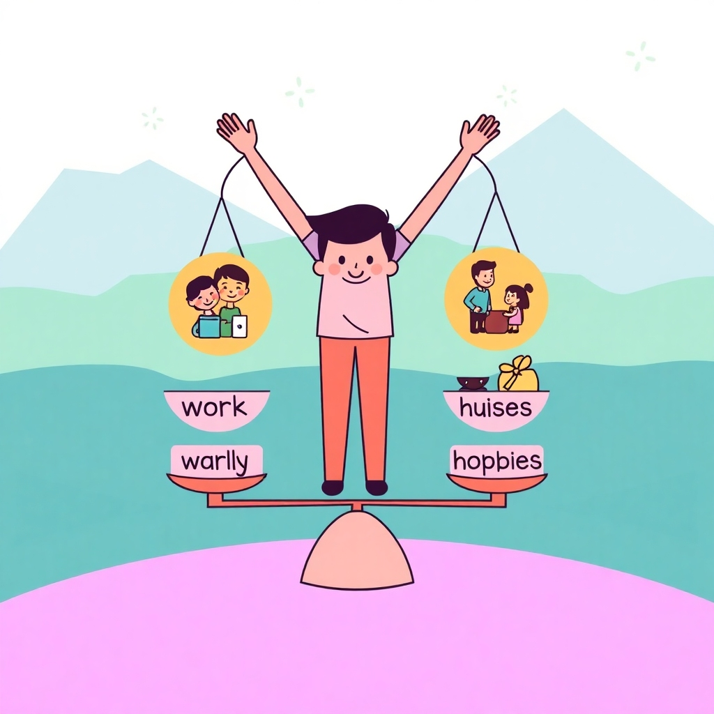 A stylized image depicting a person happily balancing various aspects of their life (work, family, hobbies) on a set of scales. The background shows a peaceful and serene environment, representing work-life balance. The color palette is harmonious and balanced, using calming tones of blue, green, and purple. The camera angle is eye-level, showing the person's sense of equilibrium. Style: Harmonious and balanced.