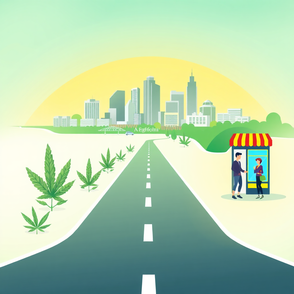 A stylized image depicting a roadmap or pathway leading towards a cityscape representing Norfolk, Virginia. Along the pathway, icons representing cannabis leaves, retail shops, and happy consumers are placed, symbolizing the progression towards a regulated retail cannabis market. The color palette should be bright and optimistic, using greens, yellows, and blues. The overall style should be modern and clean, resembling an infographic or a user interface design. Add subtle textures like light gradients and blurred backgrounds. The image should convey a sense of progress and accessibility. 4K resolution, high quality.