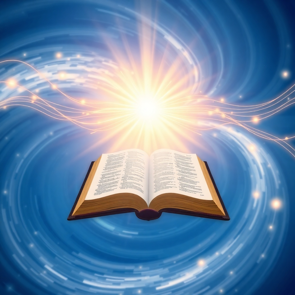 A stylized image depicting a swirling vortex of light and energy. At the center of the vortex is a KJV Bible, open to a radiant page. Emanating from the Bible are sound waves visualized as golden threads intertwining with the light. The background is a deep, calming blue, suggesting the cosmos. Subtle geometric patterns representing the 777Hz frequency are embedded within the light. The overall style is ethereal and uplifting, with a sense of divine connection. The image should convey a feeling of transformation and empowerment. 4K resolution, high quality.