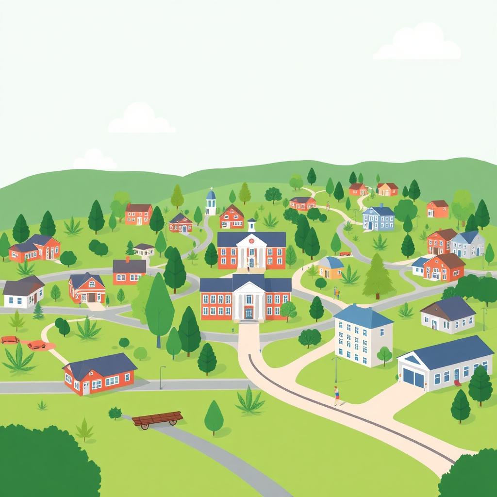 A stylized image depicting a thriving Virginia community with new schools, parks, and infrastructure, funded by cannabis tax revenue. The color palette should be vibrant and optimistic, using greens and blues. The overall style should be cheerful and uplifting, resembling a community development illustration. 4K resolution, high quality.