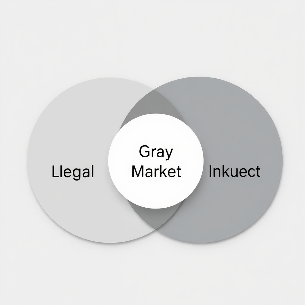A stylized image depicting a Venn diagram with overlapping circles labeled 'Legal', 'Illegal', and 'Gray Market'. The 'Gray Market' circle is positioned in the intersection of the other two. The color palette is neutral, with shades of gray, white, and black dominating. The lighting is even and diffused, providing clear visibility of the diagram. The camera angle is overhead, emphasizing the relationships between the circles. Textures are smooth and clean, reflecting a professional and informative aesthetic. Style is modern and minimalist, referencing infographic design. The image should effectively communicate the concept of a gray market as existing in a space between legal and illegal activities.