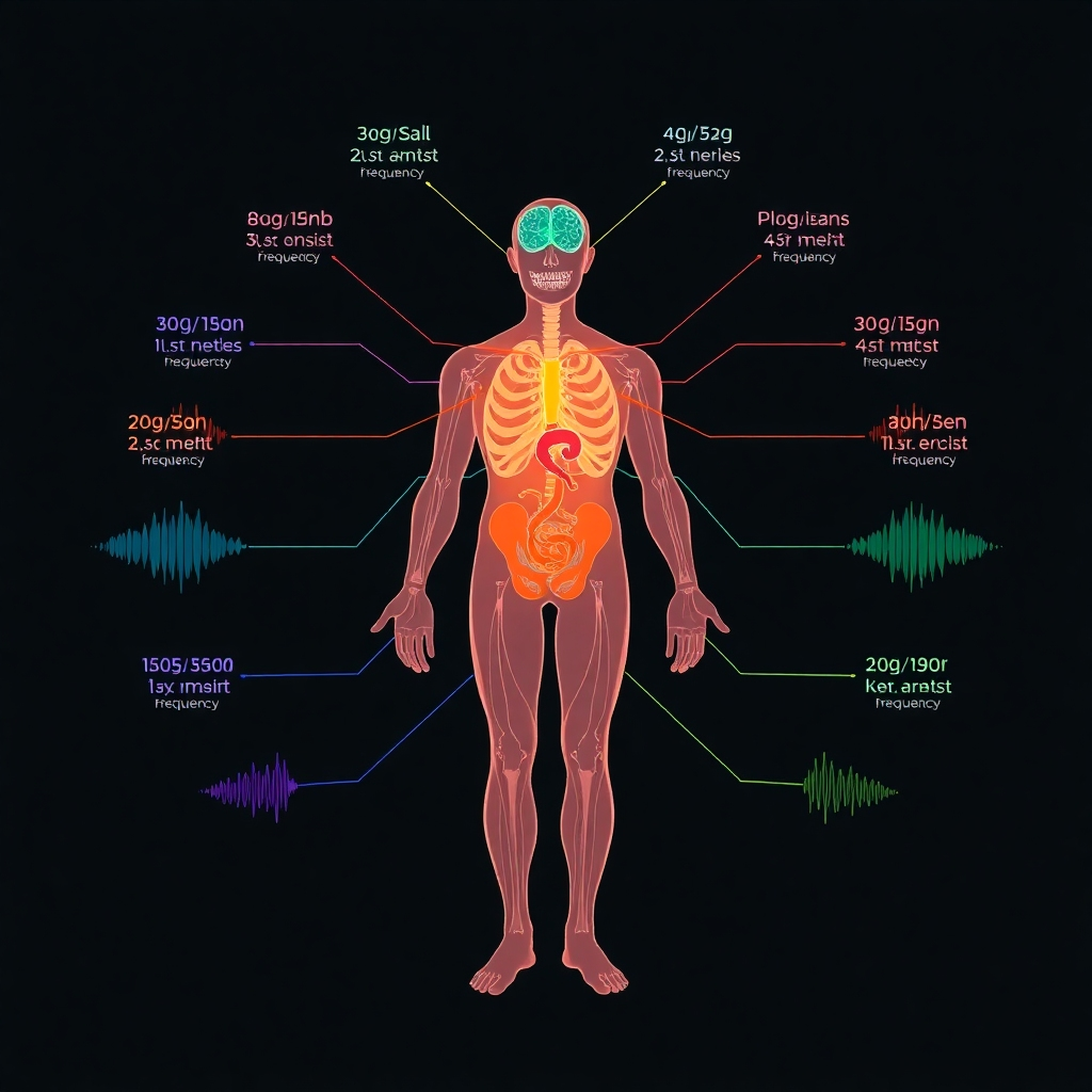 A stylized image depicting different organs and systems of the body, each vibrating at a specific frequency. The frequencies are visualized as colorful patterns. The background is a dark, neutral color. Camera angle: A scientific representation of targeted healing.