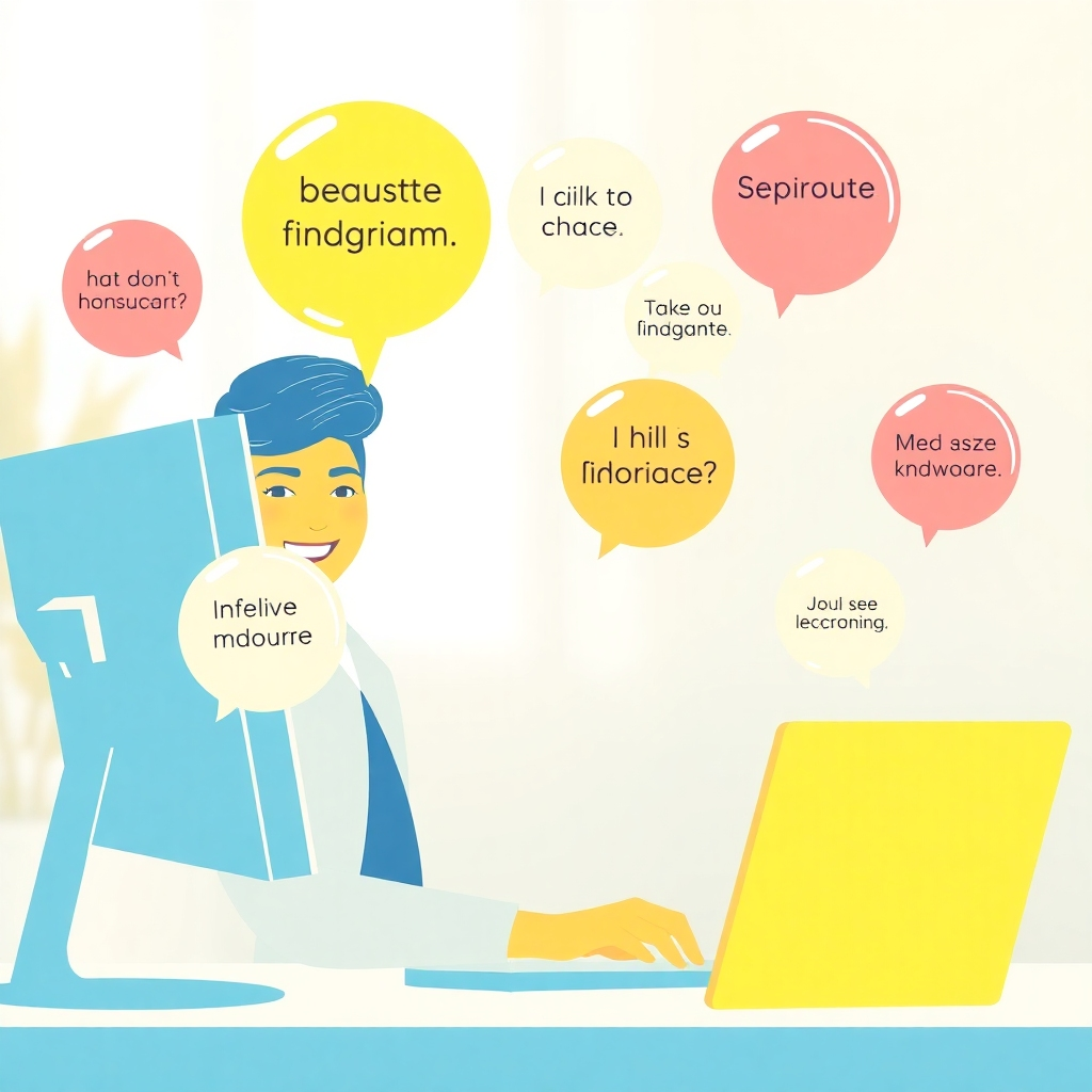 A stylized image depicting positive affirmations floating like bubbles around a person working at a computer. The color palette is bright and optimistic, with yellows, oranges, and pinks. The person is smiling and confident. The background is blurred, emphasizing the affirmations. 4k resolution, high quality.