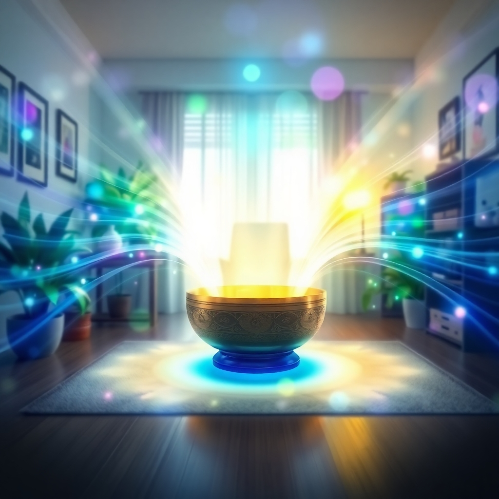 A stylized image depicting sound waves emanating from a singing bowl in a serene home office setting. The sound waves are visualized as glowing, colorful patterns that fill the room. The color palette is calming and relaxing, with blues, greens, and purples dominating the scene. The room is decorated with plants and crystals, contributing to a peaceful atmosphere. Style: Abstract and ethereal. Camera angle: medium shot, showing the singing bowl and the surrounding sound waves.