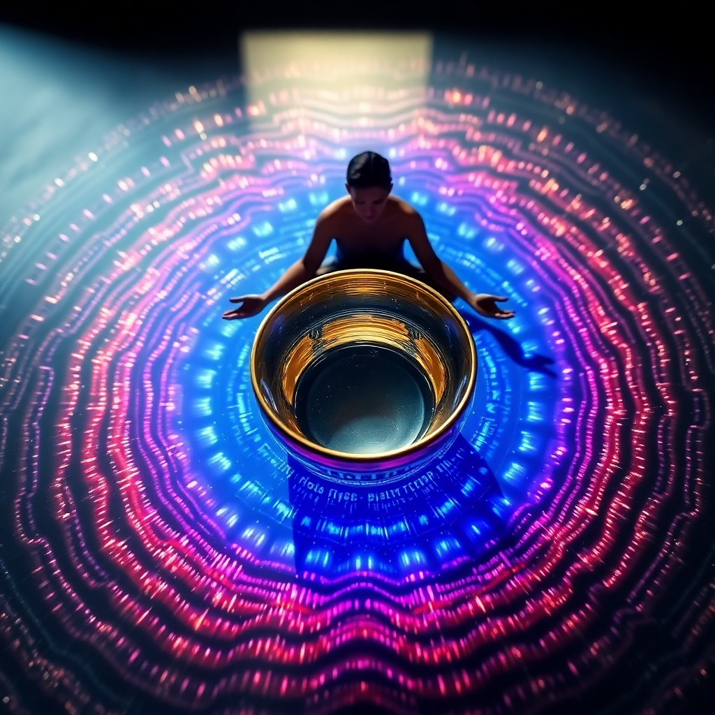A stylized image depicting sound waves emanating from a crystal singing bowl, creating a ripple effect of healing energy. The sound waves are visualized as shimmering, colorful patterns spreading outwards. In the background, a silhouette of a meditating person is visible. Camera angle: Overhead shot capturing the expansive nature of sound waves.