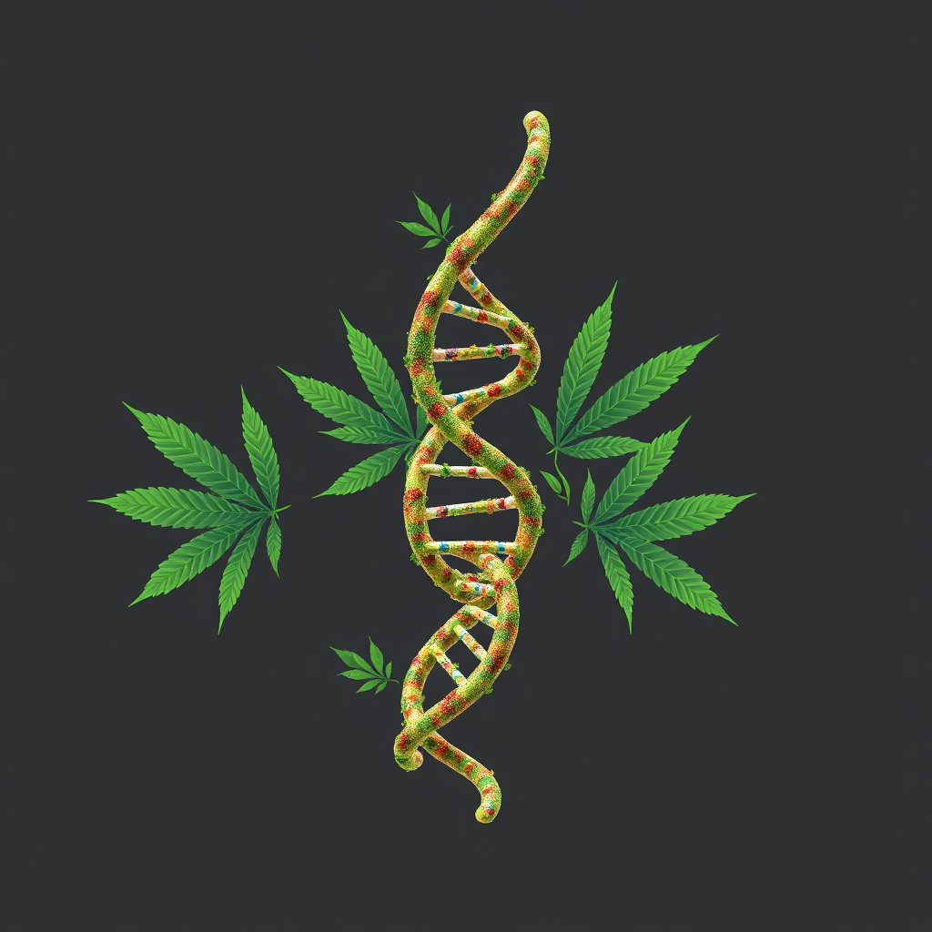 A stylized image depicting the DNA helix intertwined with cannabis leaves, representing the genetic makeup of different strains. Focus on scientific accuracy and visual appeal. 4k resolution, abstract design.