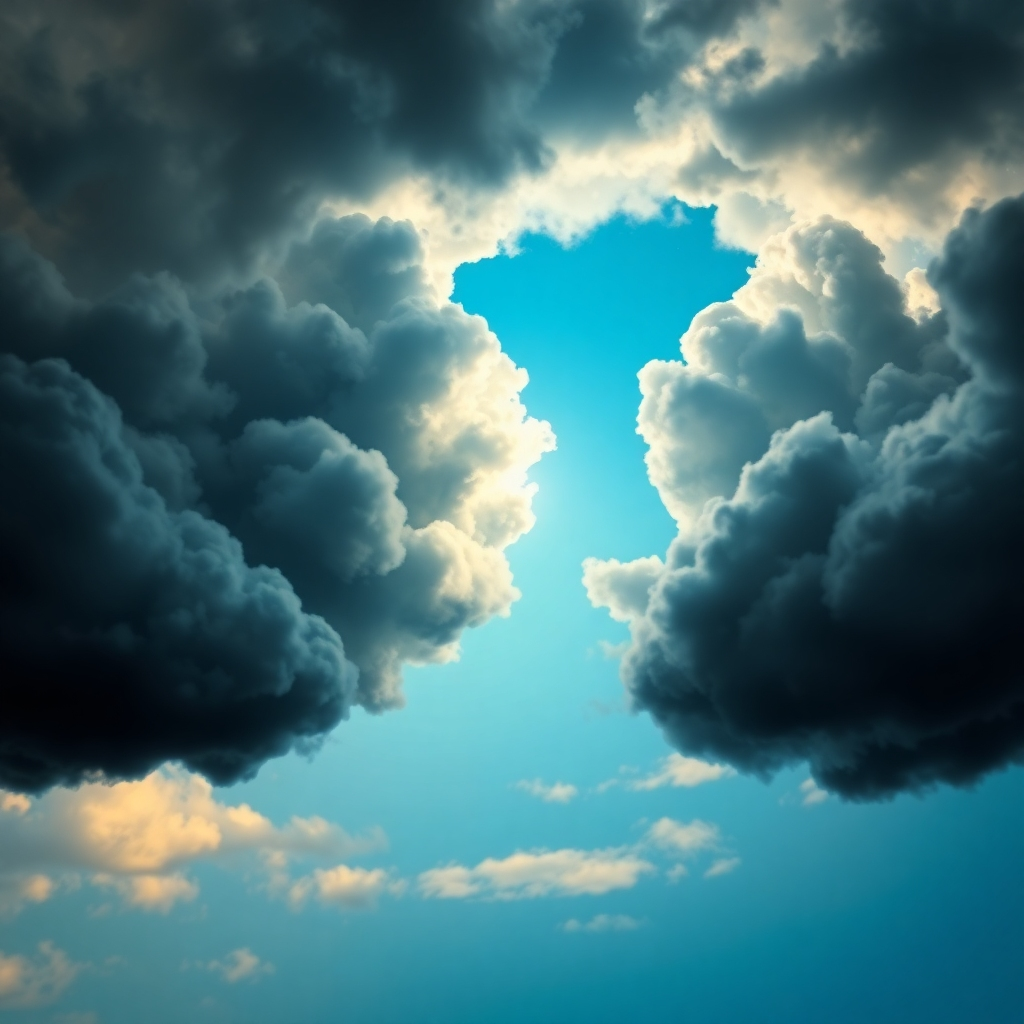 A stylized image depicting the release of negative emotions through sound healing. Visualize dark clouds dissipating as waves of light and sound wash over them, revealing a clear, blue sky. The color palette transitions from dark and stormy hues to bright and vibrant colors. Style reference: digital art with a focus on symbolism and transformation. Technical specs: 4K resolution, high-quality rendering with dynamic visual effects.