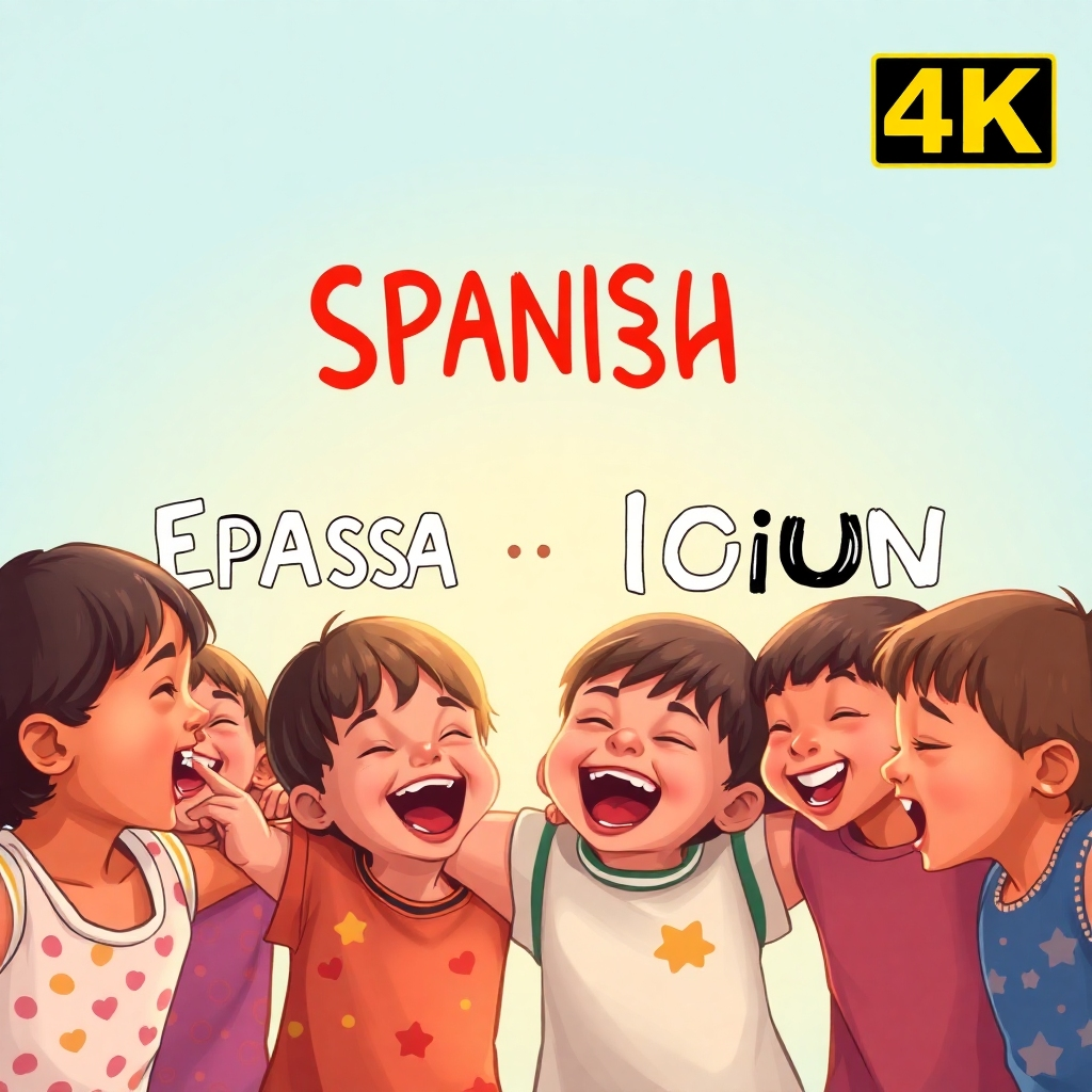 A stylized image in 4K, depicting a diverse group of children connecting and laughing, with Spanish and English words forming a bridge between them. The imagery should be dynamic and expressive.