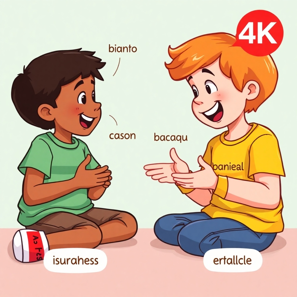 A stylized image in 4K depicting two children engaged in a game of charades, using both Spanish and English words. The scene should be fun and lively.