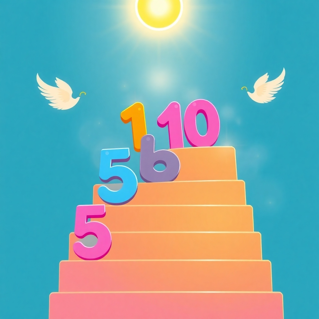 A stylized image is needed with a 4K resolution. The image should depict stylized, colorful numbers increasing by fives (5, 10, 15...100), ascending like a playful staircase toward a bright, shining sun or star.  Angelic wings or soft light trails surround the numbers, symbolizing the angelic sound frequencies. The overall color palette should be vibrant and positive, with pastel tones and glowing, ethereal accents. The style should reference contemporary children’s illustrations, perhaps taking inspiration from artists like Mo Willems or Jon Klassen, and aim for a balance between playful energy and gentle serenity. The image must capture a sense of joy, achievement, and positive affirmation.