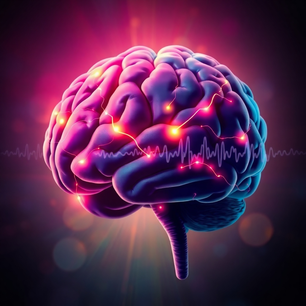 A stylized image of a brain with pathways lighting up. The pathways represent the rewiring of subconscious thought patterns. The colors transition from dark, muted tones (representing negative patterns) to bright, vibrant hues (representing positive beliefs). Theta waves subtly flow through the brain. Digital art, vibrant colors, dynamic composition. Focus on the visual representation of change.