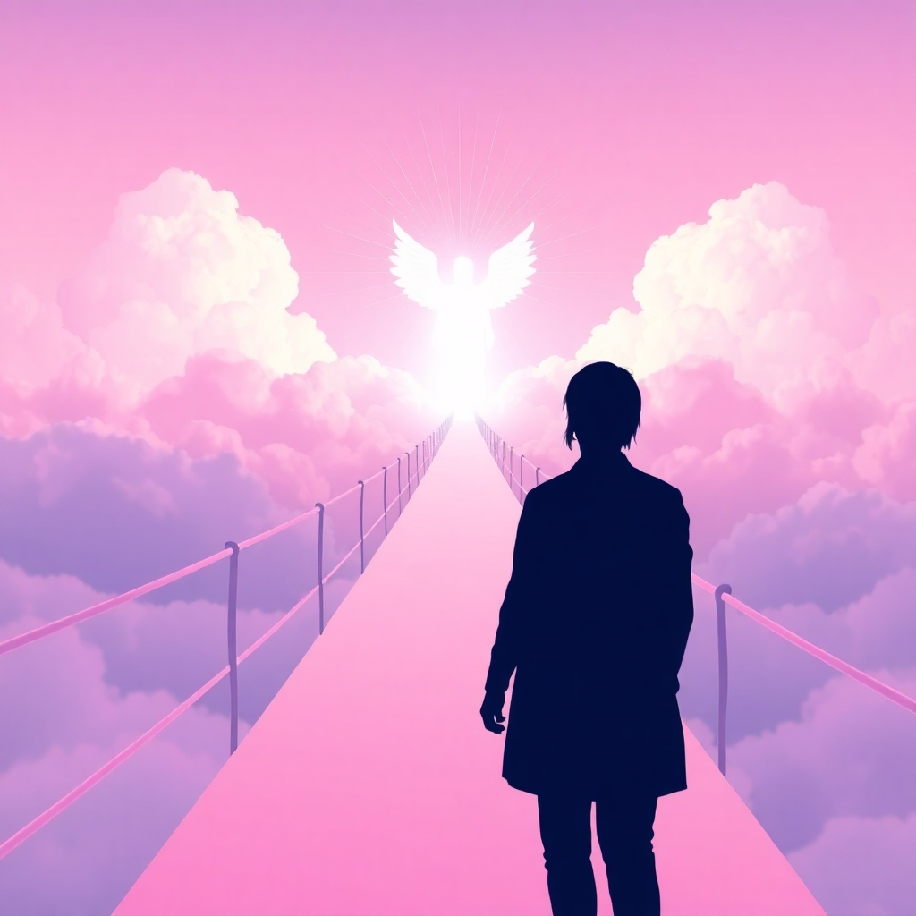 A stylized image of a bridge made of light connecting a person's silhouette to a radiant, ethereal figure in the clouds, representing their higher self. The color palette is soft and dreamlike, with pastel hues of pink, purple, and blue. The style is reminiscent of digital art with a focus on light and shadow. The camera angle is a wide shot, emphasizing the distance and the connection between the two figures.