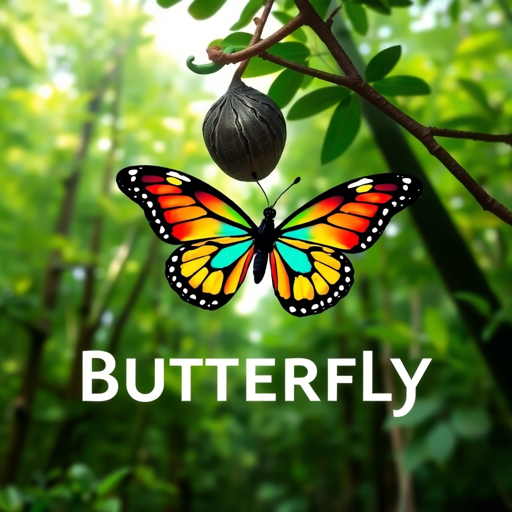 A stylized image of a butterfly emerging from a chrysalis, symbolizing transformation. The butterfly is vibrant and colorful, representing freedom and growth. The background is a lush, green forest. Color palette: vibrant colors, greens, and browns. Style: symbolic, nature-inspired. Technical specs: 4K, high quality.
