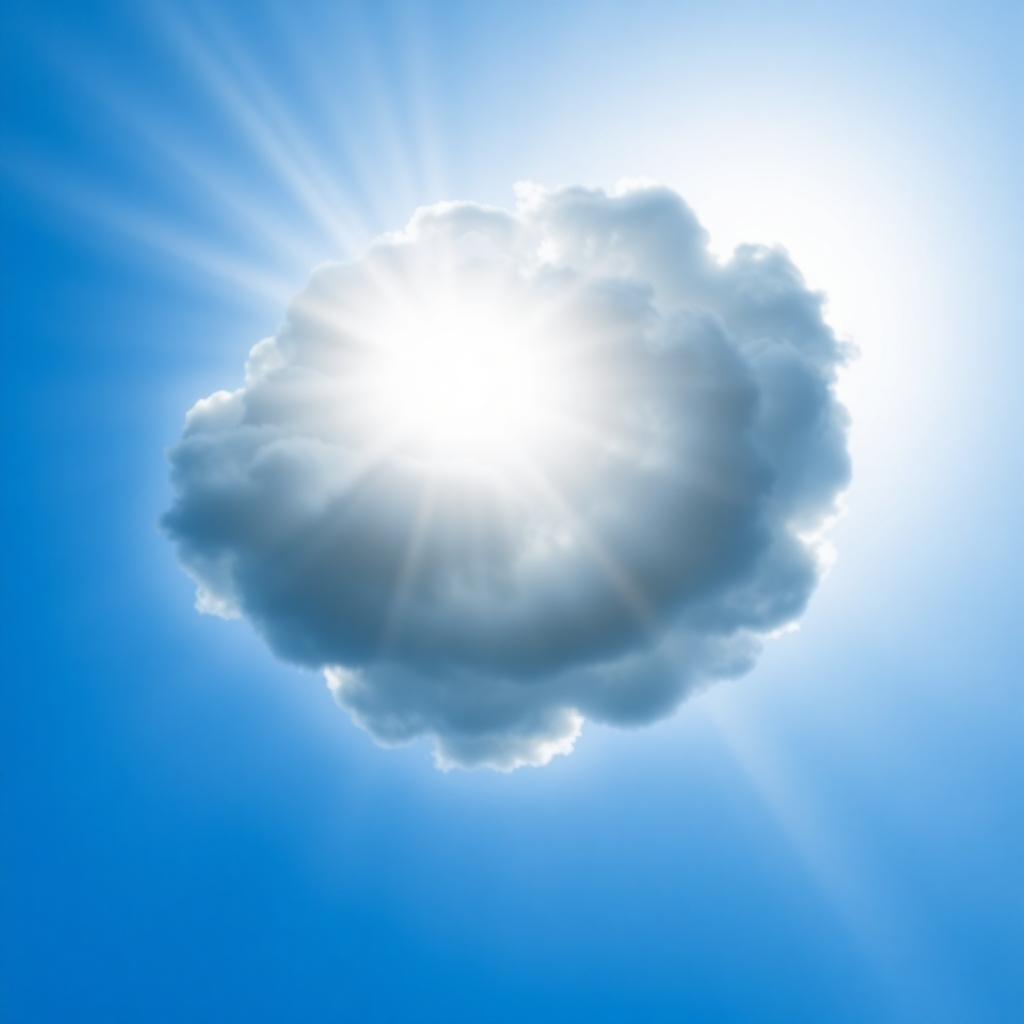 A stylized image of a calm mind, free from negative thoughts. Positive affirmations are visualized as rays of light clearing away clouds of darkness. The background is a clear blue sky. Camera angle: A symbolic representation of mental clarity.
