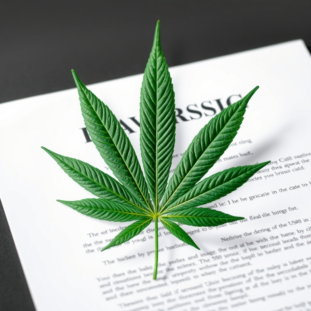 A stylized image of a cannabis leaf superimposed on a legal document. The leaf is vibrant and green, while the document is crisp and official-looking. The lighting is even and bright, emphasizing clarity. The style is modern and minimalist, conveying a sense of authority and trustworthiness.