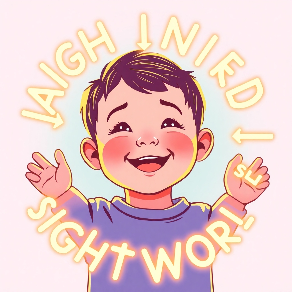 A stylized image of a child radiating confidence and happiness.  The child is surrounded by glowing sight words. Use bright, warm colors. The overall style should evoke feelings of confidence and joy. The texture should be smooth and soft, creating a feeling of warmth and positivity. High resolution is essential.