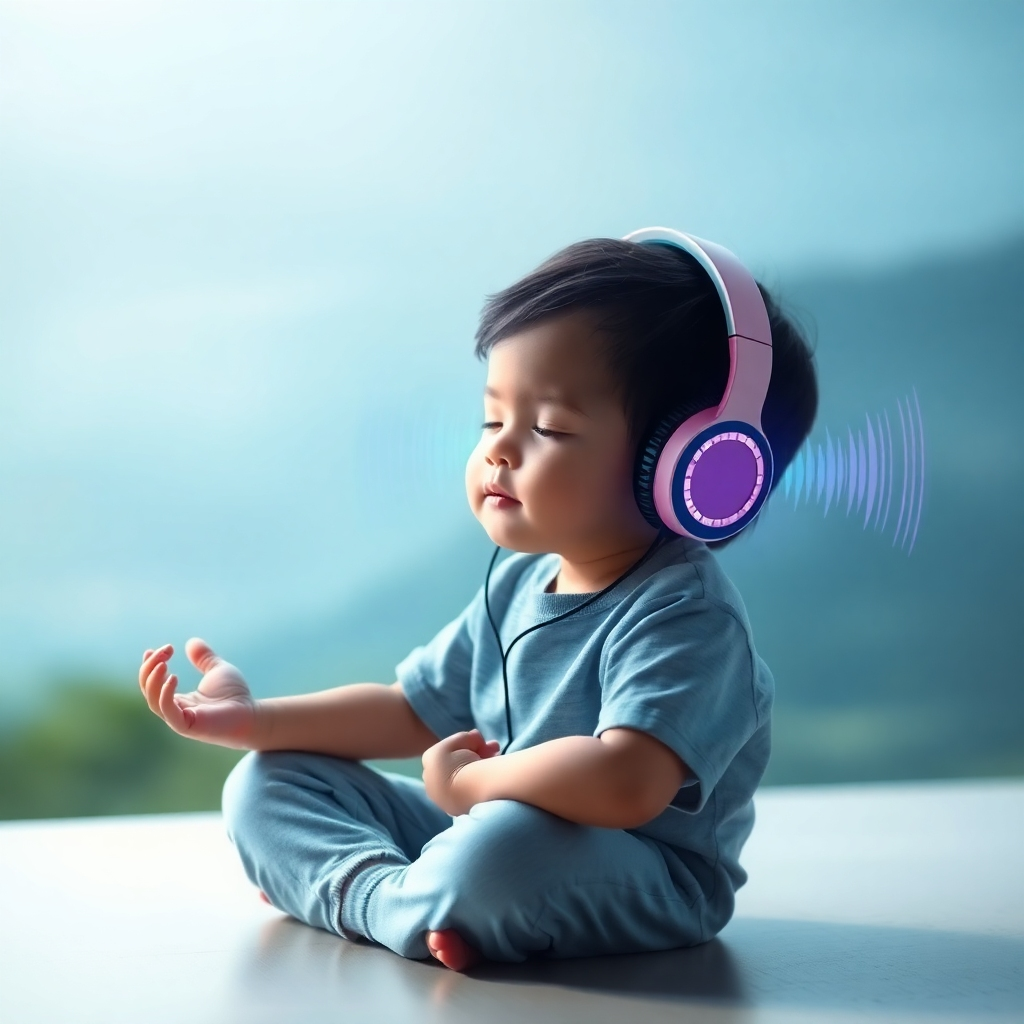 A stylized image of a child sitting peacefully in a meditative pose, wearing headphones. Gentle waves of colorful sound frequencies emanate from the headphones, enveloping the child in a calming aura. The background is a soft, blurred landscape, creating a sense of serenity and tranquility. The lighting is soft and diffused, creating a relaxing atmosphere. The color palette is cool and calming, with blues, greens, and purples dominating. Camera angle is slightly above, giving a sense of perspective and detachment. Style reference: Inspired by mindfulness and meditation imagery. Technical specs: 4K resolution, high quality.