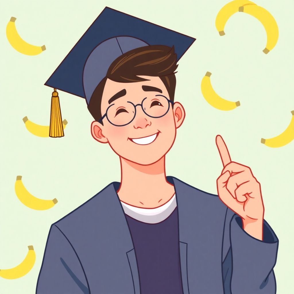 A stylized image of a confident and successful young adult, perhaps graduating from college or achieving a personal goal. The background should subtly incorporate banana-themed imagery as a reminder of the positive affirmations from their childhood. Resolution: 4K. Style: Stylized illustration. Color palette: Optimistic and hopeful.