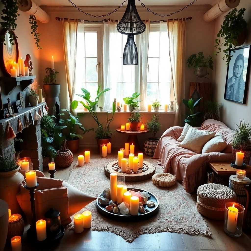A stylized image of a cozy and inviting room filled with candles, crystals, plants, and comfortable seating. The room is designed to promote relaxation and self-reflection. Soft light filters through the windows, creating a sense of warmth and tranquility. Colors: Earthy tones, soft pastels, and warm candlelight. Style: Bohemian and eclectic, reflecting personal taste and preferences.