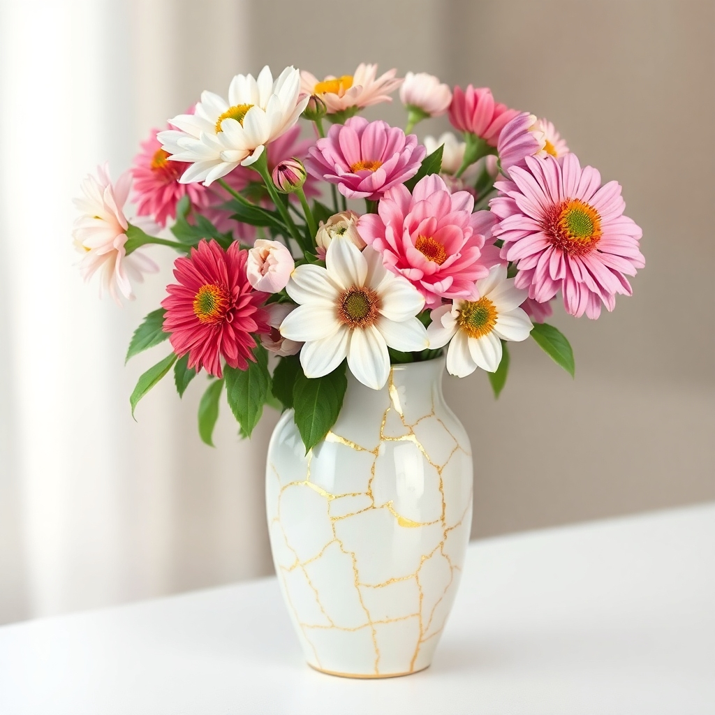 A stylized image of a cracked vase filled with blooming flowers. The cracks are highlighted with gold, representing the beauty and strength found in imperfections. The flowers are vibrant and diverse, symbolizing the unique qualities of each individual. The background is soft and blurred, creating a sense of serenity. Style: Kintsugi-inspired art, emphasizing the beauty of imperfection and repair. Colors: Gold, pastel pinks, and soft greens.