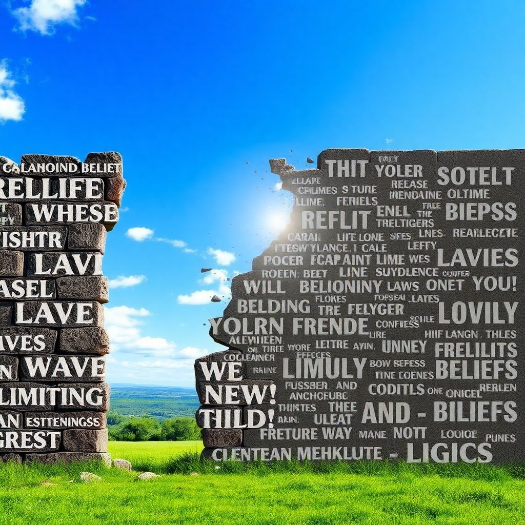 A stylized image of a crumbling wall representing limiting beliefs, with cracks appearing and light shining through. On the other side of the wall is a vibrant landscape with lush vegetation and a clear blue sky, symbolizing a new reality. The wall is covered in negative words and phrases, which are gradually dissolving and fading away.