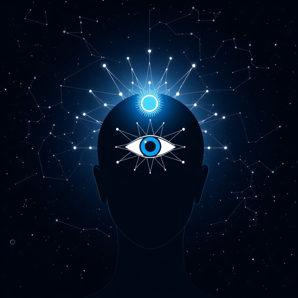 A stylized image of a glowing third eye on a person's forehead, radiating light and energy. The third eye is surrounded by a network of interconnected pathways, representing the flow of intuitive information. The background is a starry night sky, with constellations forming patterns of guidance and insight.
