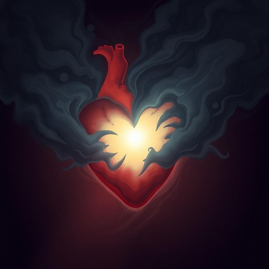 A stylized image of a heart releasing trapped emotions. Visualize dark clouds dissipating from around a heart, revealing a radiant, glowing core. The style should be abstract and symbolic, using swirling patterns and contrasting colors to convey the sense of release and healing. The lighting should shift from dark and muted to bright and vibrant. This image should evoke a sense of emotional liberation and renewal.