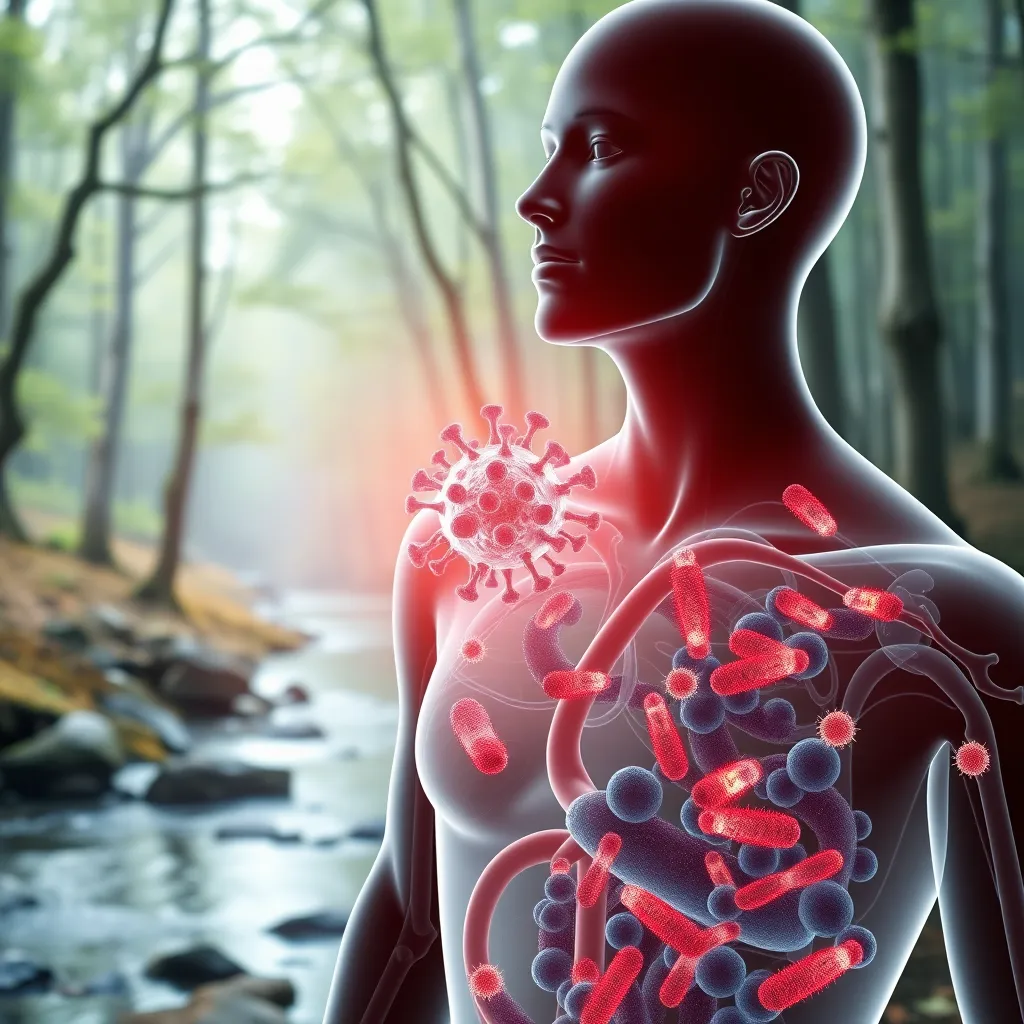 A stylized image of a human body with a bright, vibrant immune system composed of cells and antibodies. The background should depict a calming scene, possibly a forest with a gentle stream, to symbolize the restored balance and harmony within the body.