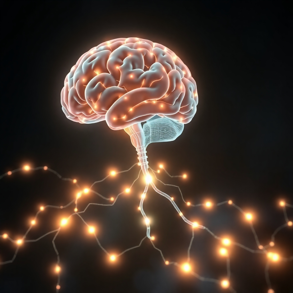 A stylized image of a human brain and body connected by a network of glowing pathways, representing the mind-body connection. The brain is depicted with intricate details, while the body is represented by a flowing, organic shape. The pathways are illuminated with vibrant light, symbolizing the flow of information and energy between the mind and body. The background is a dark, abstract environment. Render in 4K resolution with subtle animation effects to show the flow of energy and information.