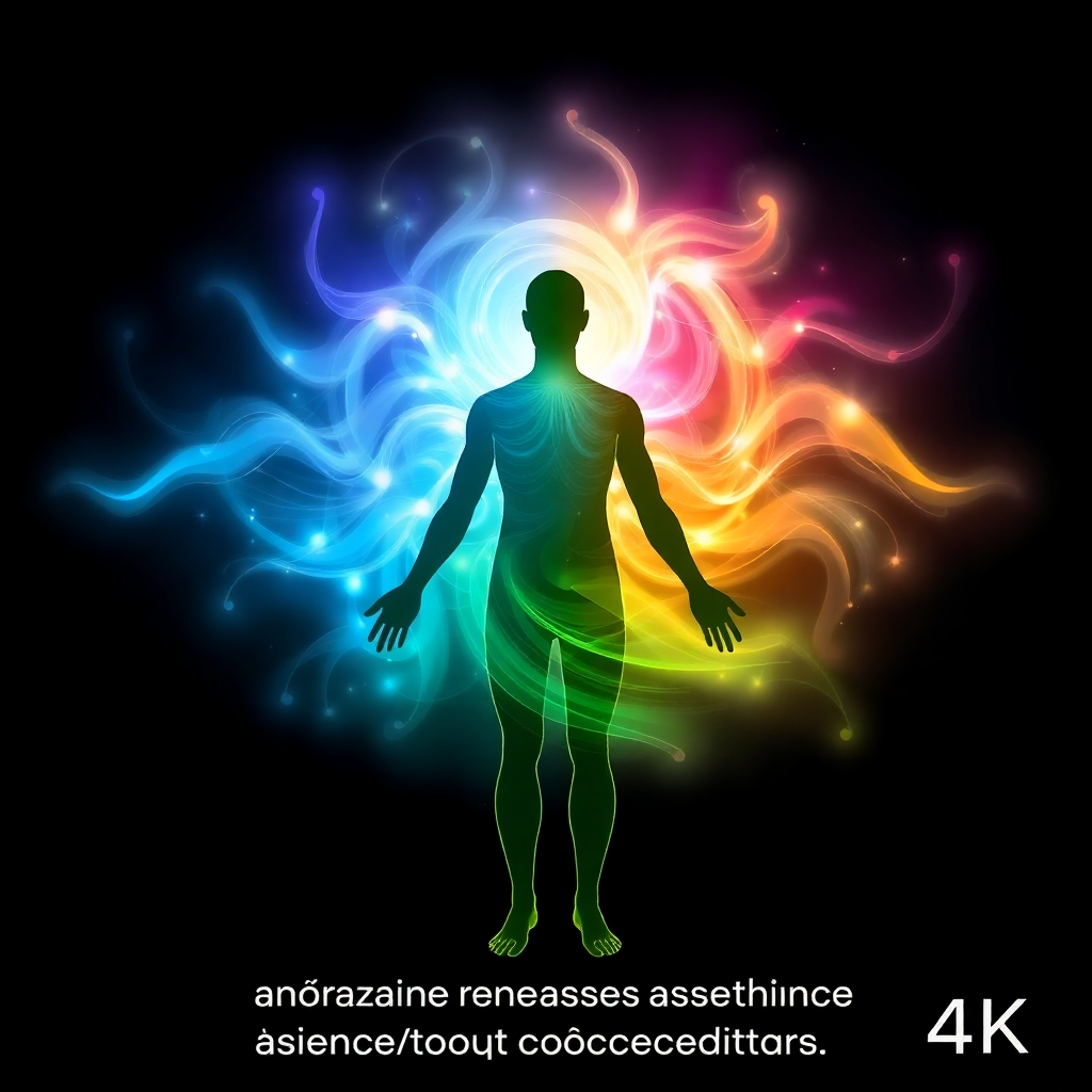 A stylized image of a human figure surrounded by a vibrant, multi-layered aura or biofield. The aura consists of swirling patterns of light and color, representing different energy frequencies. The colors range from calming blues and greens to energizing yellows and oranges. The background is a dark, space-like environment with subtle star patterns. This visualization represents the strengthening and enhancement of the biofield. Render in 4K resolution with subtle animation effects to show the movement of energy within the aura.