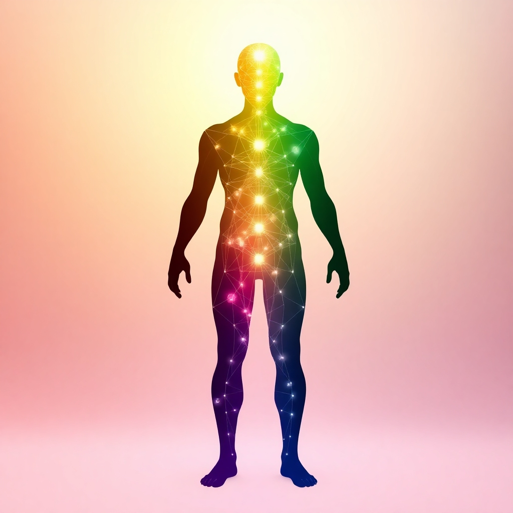 A stylized image of a human silhouette filled with a network of interconnected nodes and light streams, representing energy pathways. A color gradient flows through the figure, transitioning from darker hues at the base to brighter, vibrant colors at the crown. The background is a soft, glowing aura that emanates from the figure. This visualization represents energy realignment and balance within the body. Render in 4K resolution with subtle animation effects to show the flow of energy.