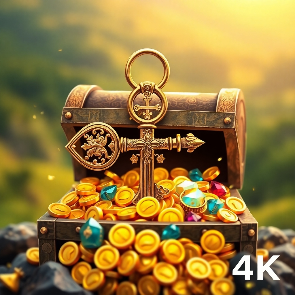 A stylized image of a key unlocking a chest overflowing with golden coins and jewels. The key is adorned with symbols of faith and abundance. The background is a blurred image of a prosperous landscape. 4K Resolution.