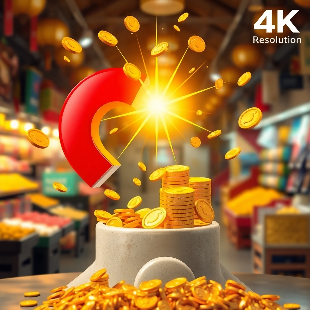 A stylized image of a magnet attracting golden coins and other symbols of abundance. The magnet is radiating light and energy. The background is a blurred image of a prosperous marketplace. 4K Resolution.