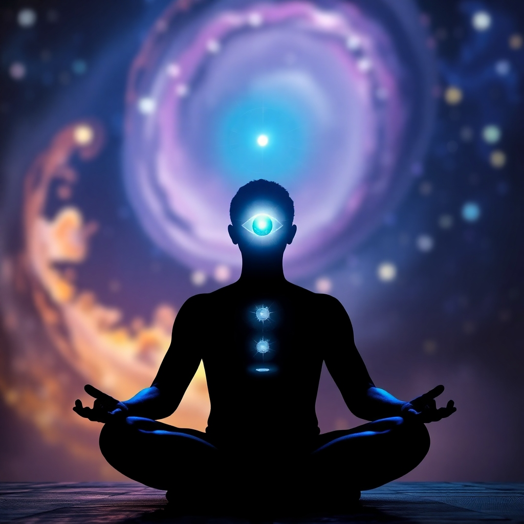 A stylized image of a person connecting to their inner wisdom. Visualize a person meditating with a third eye chakra glowing brightly, radiating light and sound waves. The background is a blurred, cosmic landscape with swirling galaxies and nebulae. The color palette is primarily indigo and violet, with subtle hints of gold and silver. The camera angle is a slightly low, wide shot to emphasize the person's connection to the cosmos. This image should evoke a sense of intuition, insight, and spiritual connection.