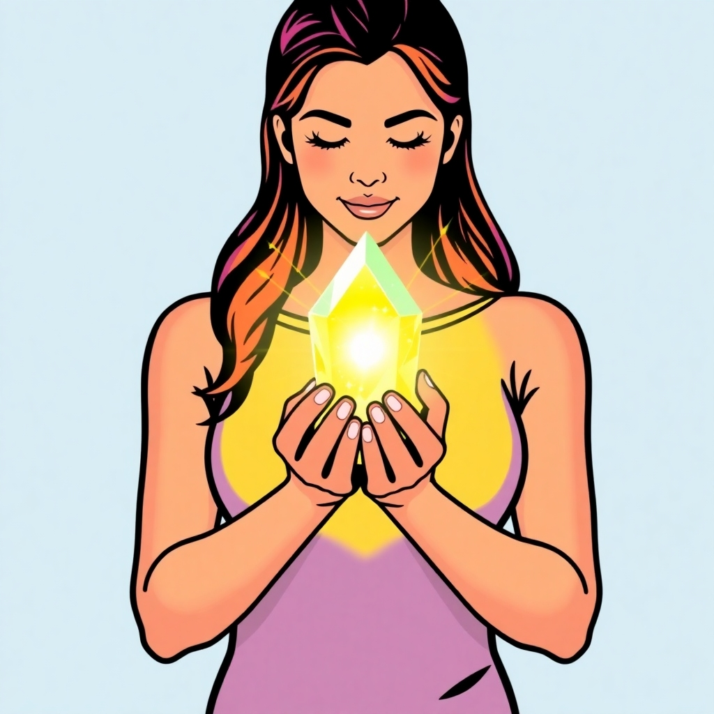 A stylized image of a person holding a glowing crystal, symbolizing their unique gifts. The crystal radiates light and energy. The person appears confident and empowered. Use a color palette of bright, vibrant colors to convey a sense of self-discovery and empowerment.
