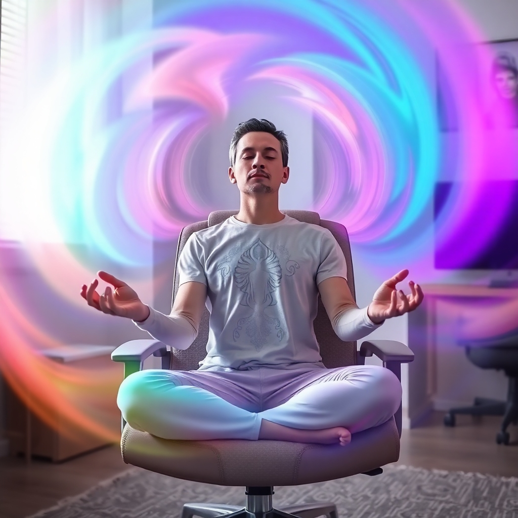 A stylized image of a person meditating with sound waves surrounding them, visualized as swirling colors. The colors change depending on the frequency of the sound. The person is sitting in a comfortable and ergonomic chair in their home office. Style: Calming and ethereal. Camera angle: Medium shot of the meditating person.